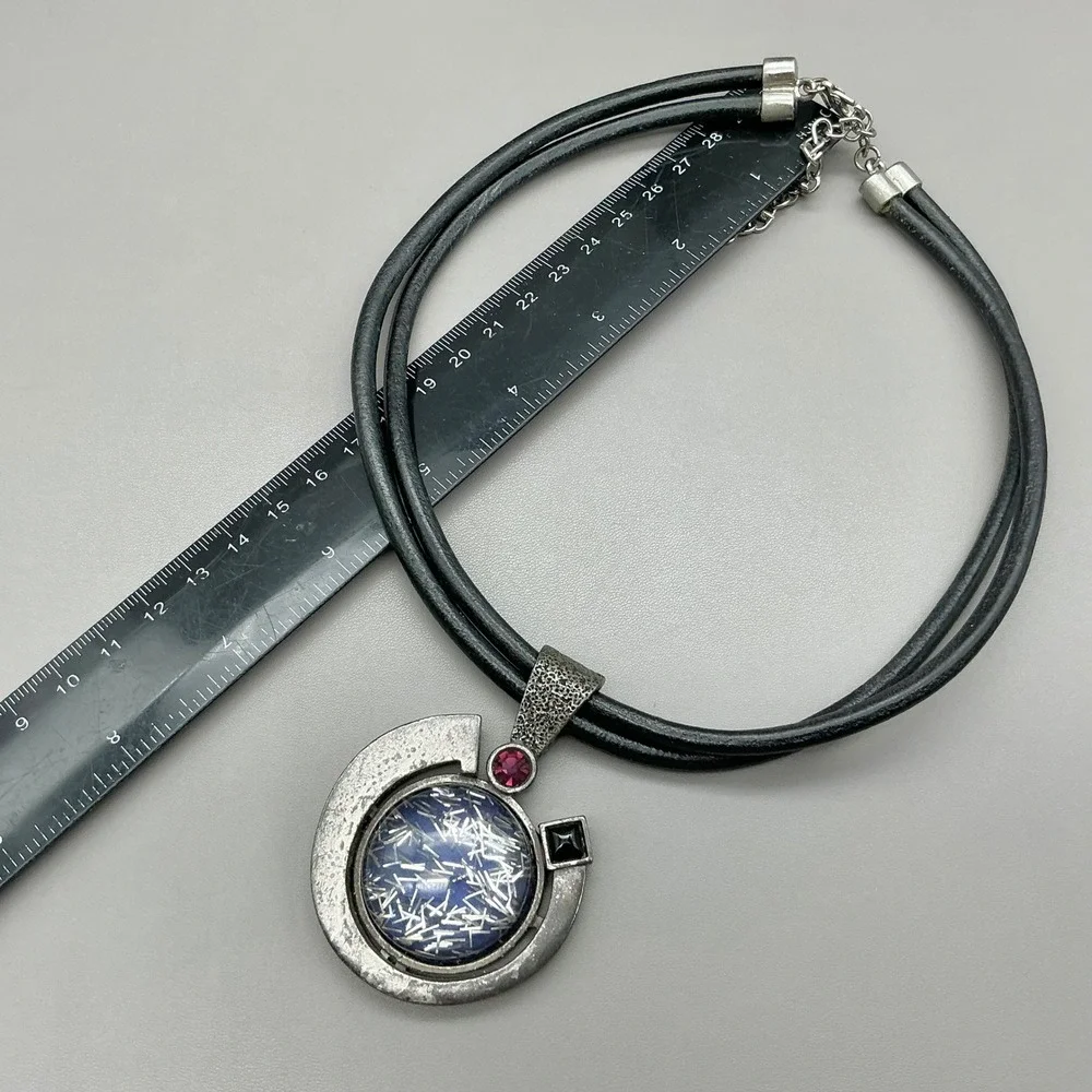 Chico's Necklace Black Double Cord Silver Tone Blue Art Glass Statement Pendant
